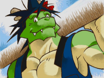 accessory anthro blue_clothing blue_sky blue_topwear blue_vest clothing countershading fur green_body green_fur hair headband holding_object horn log looking_at_viewer low-angle_view male muscular muscular_male pecs red_headband sky smile snaggle_tooth solo sun topwear vest wood shirako asian_mythology east_asian_mythology morenatsu mythology tatsuki_midoriya dragon eastern_dragon mythological_creature mythological_scalie scalie 2011 4:3