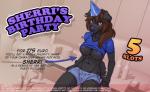 2015 anthro big_breasts biped birthday black_body black_fur blue_nipples blue_nose blush bottle bottomwear breasts brown_eyes brown_hair cake canid canine canis clothed clothing clothing_lift container cover cover_art cover_page denim denim_bottomwear denim_clothing dessert digital_media_(artwork) domestic_dog english_text female floppy_ears fluffy fluffy_tail food fur hair hat headgear headwear humanoid_hands inside jeans long_hair looking_at_viewer mammal midriff navel nipples pants party_hat profanity shaded sherri_mayim shirt shirt_lift shorts sitting smile solo tail text topwear wolfy-nail