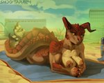 anthro big_breasts breasts crossed_legs female horn looking_at_viewer lying nude red_body scales solo tail towel wasteland yellow_body conditional_dnp shido-tara bethesda_game_studios fallout microsoft deathclaw reptile scalie hi_res