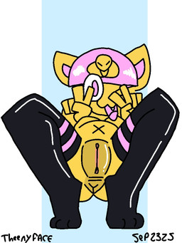anus breasts clothed clothing female genitals gesture hair hand_gesture happy legwear looking_at_viewer open_mouth pink_ankha pink_hair small_breasts solo thigh_highs tiptoes v_sign vulva y_anus theenyface animal_crossing nintendo ankha_(animal_crossing) 3:4