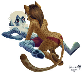 animal_print anthro clothing dominant dominant_female duo erection erection_under_clothing female leopard_print male male/female stripes t4t barkingtigerr felid leopard mammal pantherine absurd_res hi_res trans_(lore) trans_man_(lore) trans_woman_(lore)