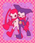 anthro bandanna beady_eyes blush duo heart_symbol hug kerchief male male/male purple_body sommymon bandai_namco digimon bucchiemon demon digimon_(species) impmon pucchiemon absurd_res hi_res