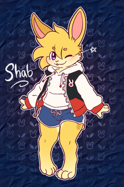 anthro biped blonde_hair clothing fur hair male one_eye_closed pattern_background purple_eyes simple_background smile solo standing wink yellow_body yellow_fur bundefault shab_(bundefault) lagomorph leporid mammal rabbit 2:3 digital_media_(artwork) hi_res
