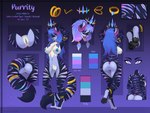 accessory anklet anthro arm_ring black_pawpads blue_body blue_hair blue_nipples blue_stripes blue_vulva claws collar crown female fur furgonomics hair headgear horn jewelry neck_tuft nipples pawpads pink_nose pink_tongue purple_body purple_claws purple_fur purple_hair purple_stripes ring solo stripes tail tail_accessory tail_jewelry tail_ring text tongue tuft white_body white_fur white_stripes veliren_rey purrity felid mammal pantherine english_text hi_res model_sheet