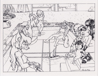 anthro bath breasts female group hair harem nipples nude tail water young young_anthro monika_livingstone canid canine deer domestic_cat felid feline felis fox mammal pantherine rodent sciurid tiger tree_squirrel 1998