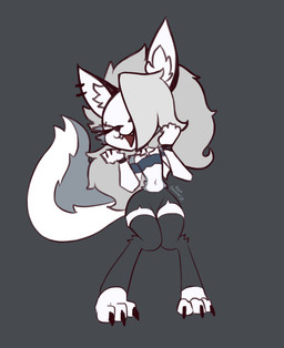 anthro black_bottomwear black_clothing black_leg_warmers black_legwear black_shorts bottomwear claws clothed clothed_anthro clothed_female clothing crop_top digitigrade ear_piercing ear_ring excited eyes_closed feet female fingers flat_chested front_view fur grey_background grey_body grey_clothing grey_crop_top grey_fur grey_hair grey_shirt grey_topwear hair happy humanoid_hands inner_ear_fluff leg_warmers legwear long_hair midriff navel open_mouth open_smile piercing ring_piercing shirt shorts simple_background smile solo standing text toe_claws toes topwear tuft white_body white_fur wide_hips alexsavenije hellaverse helluva_boss mythology loona_(helluva_boss) canid canid_demon canine demon hellhound mammal mythological_canine mythological_creature artist_name colored full-length_portrait portrait