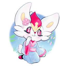 ambiguous_gender anthro asian_clothing blush blush_lines chibi clothing east_asian_clothing flower flower_accessory fur grass japanese_clothing kemono kneeling paws plant red_eyes rose_(flower) simple_background solo tail white_body white_fur maaomei nintendo pokemon cinderace generation_8_pokemon lagomorph mammal pokemon_(species) 2025 signature