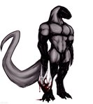 3_toes anthro armwear bag blood bodily_fluids clothing dripping_blood elbow_gloves feet gloves handwear legwear long_tail male mask muscular solo tail tapering_tail thigh_highs toes zlvuxx scalie unknown_species