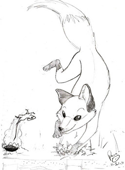 ambiguous_feral ambiguous_gender dipstick_tail duo feral leg_markings markings mouth_closed simple_background socks_(marking) tail tail_markings pandapaco canid canine fox mammal mouse murid murine rodent 2011 dated monochrome signature sketch traditional_media_(artwork)