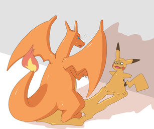 ambiguous_gender blue_eyes bodily_fluids duo melting scared sweat tail dlrowdog nintendo pokemon charizard generation_1_pokemon pikachu pokemon_(species) 2015 6:5 hi_res