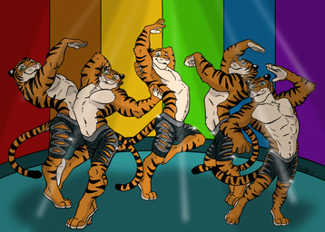 4_toes 5_fingers abs anthro arms_outstretched barefoot biped black_stripes bottomwear broad_shoulders clothed clothing countershade_face countershade_feet countershade_hands countershade_torso countershading dancing digitigrade dipstick_tail feet fingers fist fur green_eyes group hands_above_head hands_behind_head happy lgbt_pride looking_at_viewer male markings multicolored_body multicolored_fur muscular muscular_anthro muscular_male navel on_one_leg orange_body orange_fur paws pecs pink_nose pose pride_color_background pride_colors shorts shorts_only simple_background smile snout sparkles sparkling_bottomwear sparkling_clothing standing striped_body striped_fur stripes tail tail_markings tan_body tan_fur tight_bottomwear tight_clothing tight_shorts toes topless two_tone_body two_tone_fur whisker_spots zootopia_shorts wielder13 disney zootopia tiger_dancer_(zootopia) felid mammal pantherine tiger 2026 digital_media_(artwork) hi_res shaded smaller_version_at_source