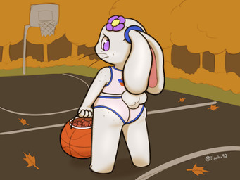 accessory anthro autumn barefoot basketball basketball_court bucket butt candy clothed clothing container cotton_tail day dessert detailed_background feet female flower flower_in_hair flower_on_head food hair hair_accessory holidays looking_at_viewer looking_back looking_back_at_viewer outside plant presenting presenting_hindquarters purple_eyes shortstack solo standing tight_clothing white_body milachu92 halloween looney_tunes warner_brothers lantha lola_bunny lagomorph leporid mammal rabbit 4:3 hi_res signature