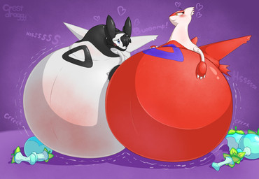 belly belly_blush big_belly black_body black_hair blimp_fruit_(super_mario_galaxy_2) blush blush_lines body_blush creaking eaten_food flirting hair heart_symbol hissing huge_belly hyper hyper_belly inflation logo motion_lines onomatopoeia red_body sound_effects text white_body crestdraggy nintendo pokemon xeltios generation_3_pokemon latias legendary_pokemon pokemon_(species) 2026 artist_logo artist_name hi_res