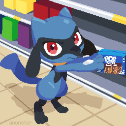 ambiguous_gender blue_body blue_fur digitigrade feral food fur glare grocery_store red_eyes solo supermarket anonster nintendo pokemon pop-tarts generation_4_pokemon pokemon_(species) riolu 1:1 digital_media_(artwork) hi_res pixel_(artwork)
