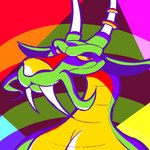 anthro eyelashes green_body horn long_teeth male red_eyes smug snout solo toony yellow_sclera peppered-spice kings_of_hell mythology beithir_(kings_of_hell) dragon mythological_creature mythological_scalie scalie 1:1