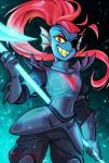 anthro armor biped eye_patch eyewear fangs female hair heart_symbol melee_weapon polearm ponytail red_hair sharp_teeth solo spear teeth weapon ddhew undertale undertale_(series) undyne undyne_the_undying fish marine 2016 hi_res portrait three-quarter_portrait watermark