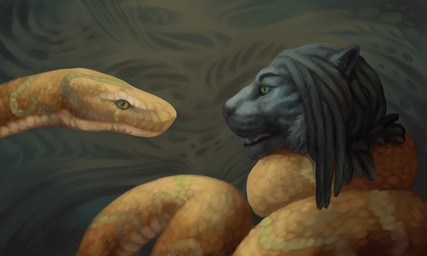 ambiguous_gender anthro asphyxiation black_eyebrows blue_body blue_fur blue_stripes choking coiling dreadlocks duo eye_contact eyebrows fangs feral fur green_eyes grey_body grey_fur grey_hair grey_nose hair long_hair looking_at_another male multicolored_body multicolored_fur multicolored_scales open_mouth peril scales snout squeezing striped_body striped_fur stripes teeth two_tone_body two_tone_fur white_body white_scales yellow_body yellow_scales cu_sith_(artist) kalisster_ssin ural felid mammal pantherine python reptile scalie snake tiger 2017 5:3 digital_media_(artwork)