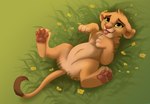 against_surface belly butt featureless_crotch female feral flower lying null on_back on_grass plant solo spread_legs spreading tongue tongue_out young young_feral hailberry disney the_lion_guard the_lion_king tiifu_(the_lion_guard) felid lion mammal pantherine 2023 absurd_res hi_res