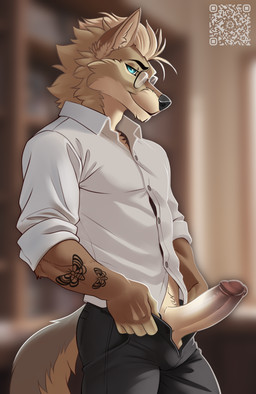 anthro arm_tattoo athletic bedroom_eyes big_penis bottomwear clothed clothing collared_shirt dress_shirt erection eyewear flashing_penis frenulum fully_clothed genitals glans glasses humanoid_genitalia humanoid_penis looking_at_viewer male mature_anthro narrowed_eyes open_bottomwear open_clothing open_pants pants penis penis_poking_out professor pubes seductive shirt solo standing tattoo topwear fleki howard_moth arthropod canid canine canis coyote insect lepidopteran mammal moth hi_res