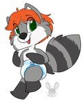 anthro arm_tuft black_body black_fur black_nose black_stripes black_tail blue_diaper cheek_tuft chibi clothed clothing diaper elbow_tuft eye_through_hair eyebrow_through_hair eyebrows facial_tuft fur glistening glistening_eyes glistening_hair gloves_(marking) green_eyes grey_body grey_ears grey_fur grey_stripes grey_tail hair happy leg_markings logo male markings open_mouth open_smile orange_hair smile socks_(marking) solo striped_body striped_fur striped_markings striped_tail stripes tail tail_markings toddler translucent translucent_hair tuft two_tone_diaper wearing_diaper white_body white_diaper white_fur white_inner_ear young young_anthro heyitsjaq mammal procyonid raccoon artist_logo