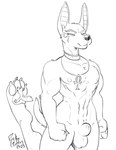 2023 abs ambiguous_gender animal_genitalia ankh annoyed anthro anubian_jackal anubis balls black_and_white canid canine canis choker claws deity detached_sheath duo egyptian_mythology eye_of_horus flaccid fox fur genitals hi_res jackal jewelry karishad male male_(lore) mammal middle_eastern_mythology monochrome muscular muscular_anthro muscular_arms muscular_male mythology necklace nipples nude pawpads pecs penis penis_tip rick_griffin sheath white_balls white_penis white_sheath