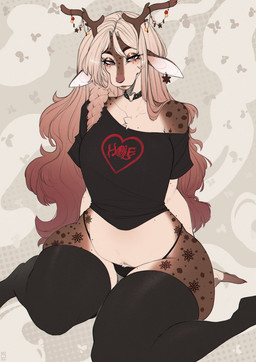 anthro antlers biped breasts claws clothed clothed_anthro clothed_female clothing female fingers front_view fur hair horn looking_at_viewer panties simple_background sitting smile solo spots thick_thighs tongue topwear underwear wide_hips noodlerain deer mammal 2026 digital_drawing_(artwork) digital_media_(artwork) hi_res
