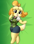 anthro biped black_eyes black_nose blonde_hair breasts cardigan clothed clothing female fur gradient_background green_background hair looking_at_viewer open_mouth simple_background solo sweater sweater_vest tail tight_clothing topwear vest yellow_body yellow_fur kyelyn_(artist) animal_crossing nintendo isabelle_(animal_crossing) canid canine canis domestic_dog mammal shih_tzu toy_dog 2020 digital_drawing_(artwork) digital_media_(artwork) full-length_portrait hi_res portrait