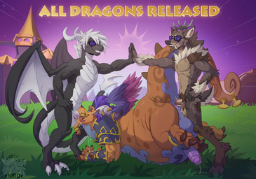 anal anal_penetration anthro antlers balls belly big_belly black_body bodily_fluids brown_body butt claws clothing erection eyewear fangs fur genital_fluids genitals gesture grass group group_sex hair high_five horn humanoid_genitalia male male/male male_penetrated male_penetrating male_penetrating_male nude penetration penis plant precum red_eyes sex sunglasses tail teeth text threesome trio white_hair wings conditional_dnp xnirox activision mythology spyro_reignited_trilogy spyro_the_dragon ragnar_(xnirox) relight unika_(spyro) deer dragon mammal mythological_creature mythological_scalie scalie hi_res