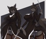 2023 5_fingers absurd_res anthro black_clothing black_hair black_nose butt camel_toe canid canine canis clothed clothing digital_media_(artwork) female fingers hair hi_res holding_object holding_weapon kemono legwear long_hair mammal simple_background son2j weapon wolf