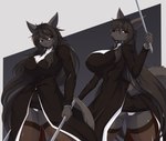 5_fingers anthro black_clothing black_hair black_nose butt camel_toe clothed clothing female fingers hair holding_object holding_weapon kemono legwear long_hair simple_background weapon son2j canid canine canis mammal wolf 2023 absurd_res digital_media_(artwork) hi_res