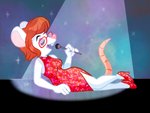 anthro breasts buckteeth clothed clothing dress electronics eyes_closed eyewear female footwear fur glasses hair high_heels lounging microphone red_hair shoes singing solo sparkles spotlight teeth white_body white_fur ferretface99 occam_(character) mammal mouse murid murine rodent 4:3 absurd_res hi_res smaller_version_at_source