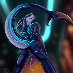 animal_genitalia anthro bodily_fluids erection genital_fluids genital_slit genitals looking_at_viewer looking_back looking_back_at_viewer male nude penis presenting raised_tail rear_view smile solo standing tail tapering_penis phinja aquatic fish shark hi_res