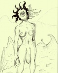 breasts claws cyclops fire flaccid foreskin genitals gynomorph hi_res humanoid humanoid_genitalia humanoid_penis intersex long_penis monster monstrous_humanoid mountain nightmare_fuel nude outside partially_retracted_foreskin penis sketch smile solo unknown_artist