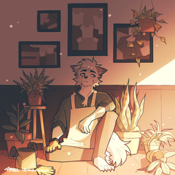 4_toes 5_fingers anthro apron black_claws black_eyebrows black_nose bottomwear brown_eyes claws clothed clothing day dipstick_ears ear_markings eyebrows feet fingers fur furniture gloves grey_inner_ear_fluff hair handwear inner_ear_fluff inside male multicolored_ears pants plant plant_pot potted_plant shirt sitting solo stool tail toes topwear tuft watering_can wearing_gloves white_body white_fur white_hair naturanevie arctic_fox canid canine fox mammal true_fox 1:1 hi_res shaded