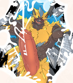 anthro balls big_balls big_muscles big_penis black_body bodily_fluids circumcised circumcision_scar city cloud cum destruction erection excessive_cum excessive_genital_fluids extreme_size_difference flooding fur genital_fluids genital_scar genitals huge_muscles humanoid_genitalia humanoid_penis looming low-angle_view macro male muscular muscular_male nipples nude one_eye_closed open_mouth orgasm penis scar silhouette size_difference tail wink worm's-eye_view yellow_body yellow_fur happyending nintendo pokemon felid generation_7_pokemon legendary_pokemon mammal pokemon_(species) zeraora hi_res