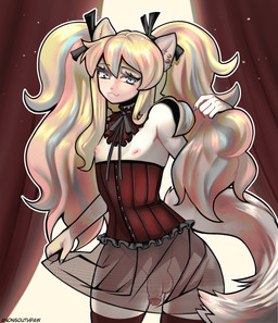 alternative_fashion anthro blonde_hair blue_eyes blush bottomless bottomwear bulge butt clothed clothing corset crossdressing dress ear_piercing femboy fluffy genitals grey_body gynomorph hair intersex j-fashion legwear lingerie lolita_(fashion) long_hair looking_at_viewer male nipples penis piercing pink_nose playful pose prince royalty skinny skirt smile smiling_at_viewer solo stockings submissive submissive_anthro tail topwear translucent anonsouthpaw patrician_(rogbiejoke) domestic_cat felid feline felis mammal digital_media_(artwork) hi_res pinup nonbinary_(lore)