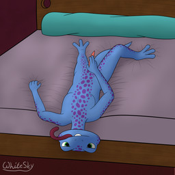 bed bedroom_eyes buckteeth furniture genitals grabbing_sheets long_tongue lying male markings narrowed_eyes on_back penis pillow seducing_viewer seductive smile solo spots spotted_markings tapering_penis teasing teeth tongue tongue_out whitesky layon amphibian frog humanoid lizard reptile scalie 1:1 hi_res