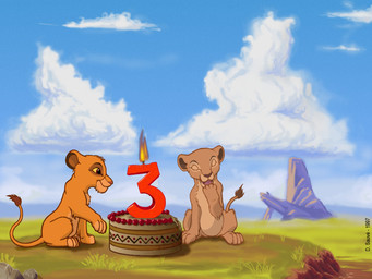 anniversary birthday_cake cake dessert female feral food male number_candle toony young young_female young_feral young_male david_sauve disney the_lion_king the_pride_lands_online nala_(the_lion_king) simba_(the_lion_king) felid lion mammal pantherine 1997 4:3 digital_drawing_(artwork) digital_media_(artwork) signature
