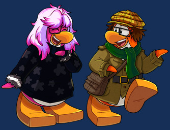 anthro belt black_belt bracelet brown_bag brown_clothing brown_coat brown_hair brown_hat brown_headwear brown_topwear clothing coat duo eyes_closed eyewear female fur glasses green_scarf hair hat headgear headwear jewelry looking_at_another male open_mouth orange_body orange_fur pink_body pink_fur pink_hair scarf simple_background spiked_bracelet spikes topwear transparent_background upper_teeth_only astroclicker club_penguin avian bird penguin alpha_channel