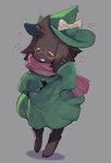 anthro black_body black_clothing black_footwear black_fur blush bow_hat clothed clothing eyes_closed eyewear footwear fur glasses green_clothing green_hat green_headwear hat headgear headwear heart_symbol male pink_scarf robe scarf simple_background solo standing white_eyes witch_hat rikose deltarune undertale_(series) ralsei bovid caprine darkner goat mammal 2018