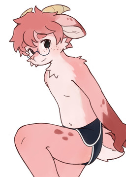 anthro arm_tuft black_eyes bottomwear chest_tuft clothing dolphin_shorts eyebrows eyewear facial_tuft femboy freckled_face freckles fur glasses hair horn hotpants looking_at_viewer male pink_body pink_eyebrows pink_fur pink_hair round_glasses short_hair short_tail shorts shoulder_tuft simple_background smile solo spots spotted_legs spotted_thighs tail tuft wearing_glasses white_background young arnd_dawn aquatic bovid caprine cetacean dolphin goat mammal toothed_whale absurd_res colored_sketch flat_colors hi_res sketch