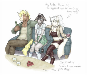 5_fingers alcohol anthro ashtray beverage black_eyebrows bottle bottomwear bracelet breasts brown_body brown_fur cleavage clothed clothing collar container cup drinking_glass eyebrows eyewear female fingers footwear fur furniture glass glass_container glass_cup glasses grey_body grey_fur group hair holding_object inside jacket jewelry leggings legwear male mane multicolored_body multicolored_fur neck_tuft nervous open_mouth pants pink_nose shirt simple_background skirt socks sofa stripes table tail tail_tuft text topwear trio tuft white_background white_body white_fur white_hair wine_glass meowmere tj_(nightdancer) asinus domestic_cat donkey equid equine felid feline felis horse hybrid mammal zebra zebroid zonkey english_text hi_res