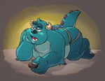 belly big_belly blue_body blue_fur butt clothing controller disney donkeypunch fur half-closed_eyes horn jockstrap male monster monsters_inc narrowed_eyes open_mouth pixar remote_control solo spikes spikes_(anatomy) sulley teeth underwear