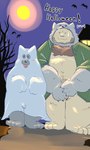 anthro balls belly clothing costume duo genitals ghost_costume halloween_costume holidays kemono male moon night outside overweight overweight_male tongue tongue_out dain_4201 halloween bear canid canine canis domestic_dog mammal 2024 3:5 hi_res