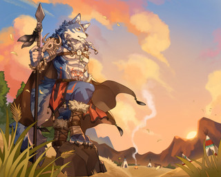 abs anthro barbarian bare_chest blue_body blue_fur cape clothing detailed_background digitigrade footwear fur furgonomic_footwear furgonomics grass holding_melee_weapon holding_object holding_polearm holding_spear holding_weapon male melee_weapon outside plant polearm sky solo spear tattoo tribal weapon natsub_bkoge canid canine canis mammal wolf absurd_res hi_res