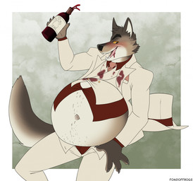 alcohol anthro belly belly_hair beverage big_belly black_nose bloated body_hair clothing huge_belly hyper hyper_belly male navel solo suit wine wine_bottle fondoffrogs dreamworks the_bad_guys mr._wolf_(the_bad_guys) canid canine canis mammal wolf hi_res