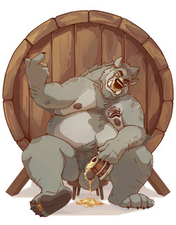 alcohol anthro arm_hair balls barrel beer beverage black_nose body_hair brown_nipples chest_tuft facial_piercing flaccid front_view fur genitals grey_balls grey_body grey_fur grey_penis grey_pubes humanoid_genitalia humanoid_penis leg_hair looking_at_viewer male male_anthro moobs narrowed_eyes nipples nose_piercing nose_ring nude obese obese_anthro obese_male overweight overweight_anthro overweight_male penis piercing pubes ring_piercing septum_piercing septum_ring simple_background sitting solo tuft white_background chocolateandmilk gnoll hyena mammal 2022 dated hi_res signature
