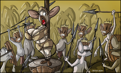 anthro armor belly big_breasts bottomwear breasts brown_body brown_fur buckteeth clothing detailed_background female forest fur grey_body grey_fur group headgear helmet huge_breasts jungle loincloth male melee_weapon open_mouth pith_helmet plant polearm safari_outfit spear tan_body tan_fur teeth thick_thighs toony topwear tree tribal weapon wooden_mask dutch_(artist) almond_(dutch) mammal mouse murid murine rodent siamese_mouse 2024 5:3 digital_media_(artwork) hi_res