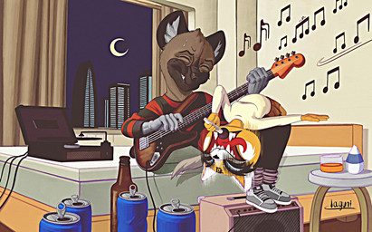 anime_style anthro apartment band beverage_can duo electric_guitar female guitar japanese male male/female music music_player musical_instrument plucked_string_instrument rock string_instrument text laguni aggretsuko heavy_metal sanrio haida_(aggretsuko) retsuko vinyl_(character) ailurid hyena mammal red_panda english_text hi_res