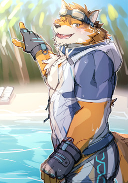 anthro blush clothed clothing countershading eyewear fingerless_gloves gesture gloves goggles hand_gesture handwear male muscular muscular_anthro muscular_male one_eye_closed open_clothing open_shirt open_topwear pecs pointing shirt solo swimwear topwear water wink 7575el lifewonders live_a_hero barrel_(live_a_hero) canid canine canis mammal wolf